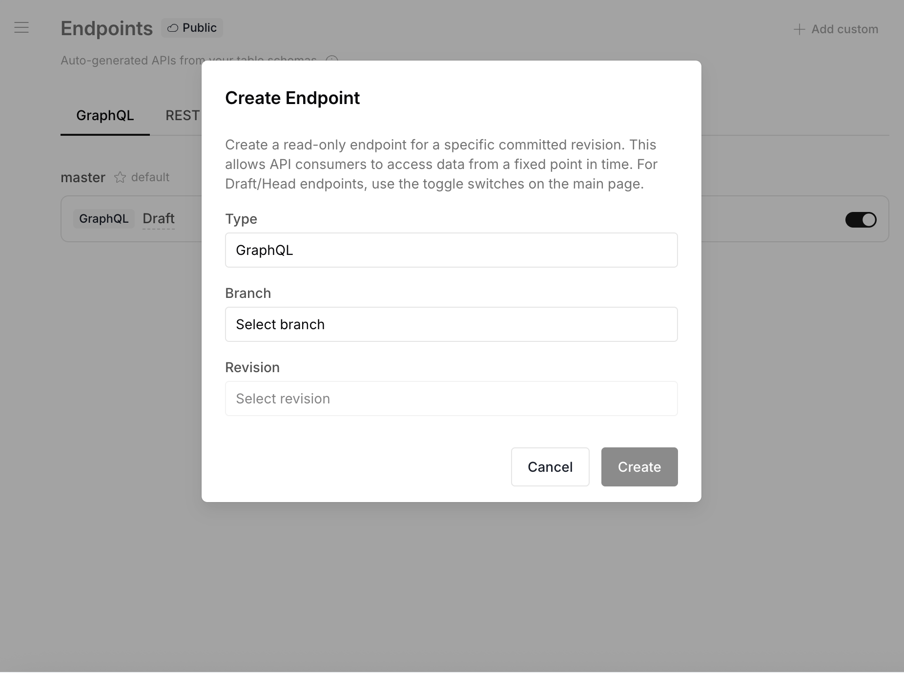 Create Endpoint dialog — select type, branch, and revision