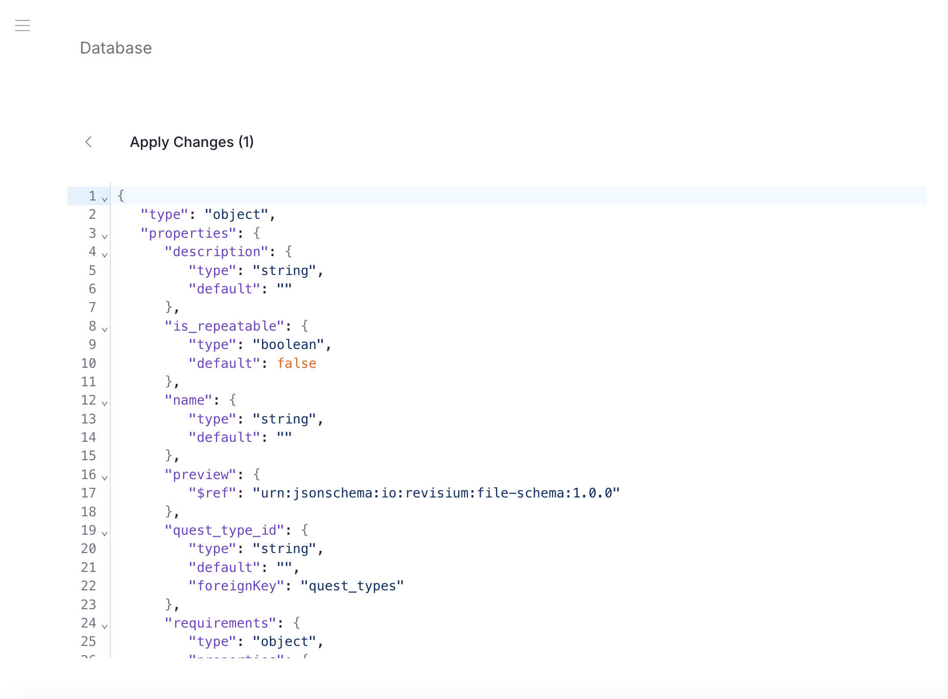 JSON view — raw JSON Schema with syntax highlighting, showing types, defaults, foreignKey, and $ref