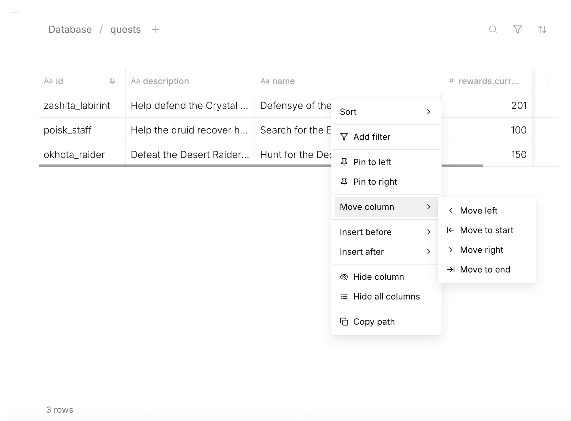 Column context menu — sort, filter, pin, move, hide, copy path options