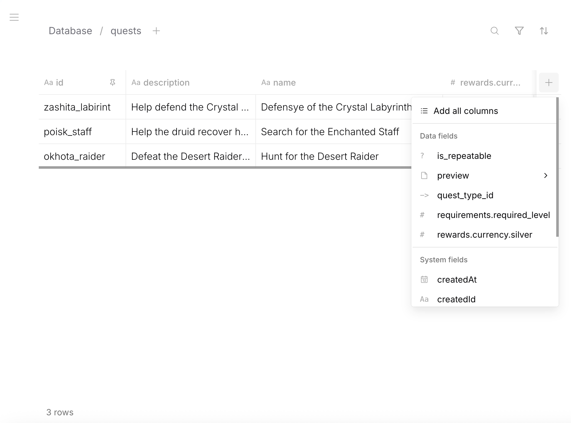 Column configuration — add columns dropdown with data fields, nested paths, and system fields