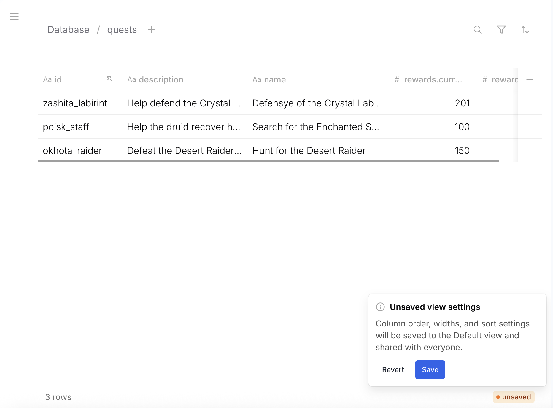 Unsaved view settings — save column order, widths, and sort to Default view