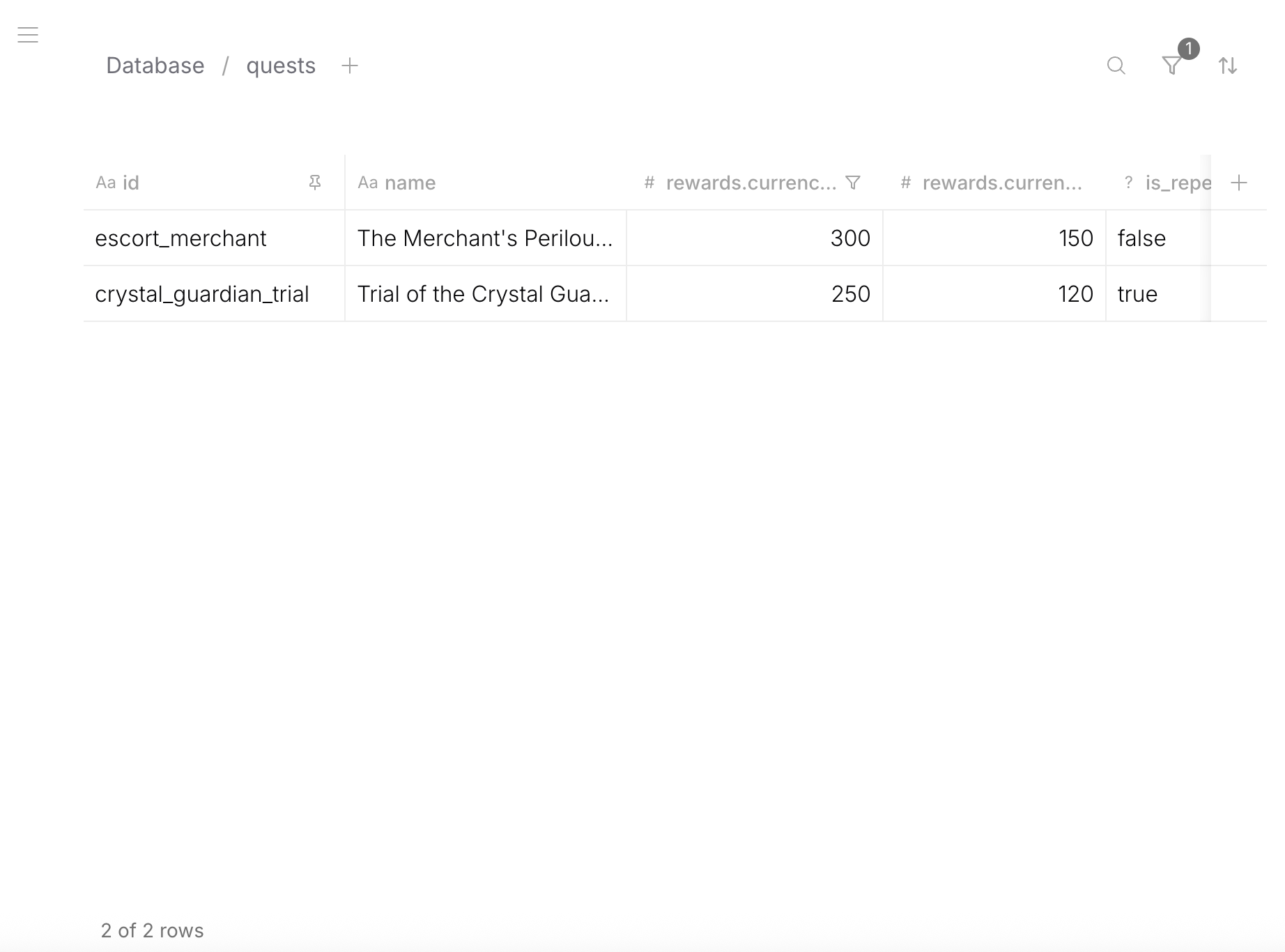 Admin UI — table editor with filtering, nested field columns, and inline editing