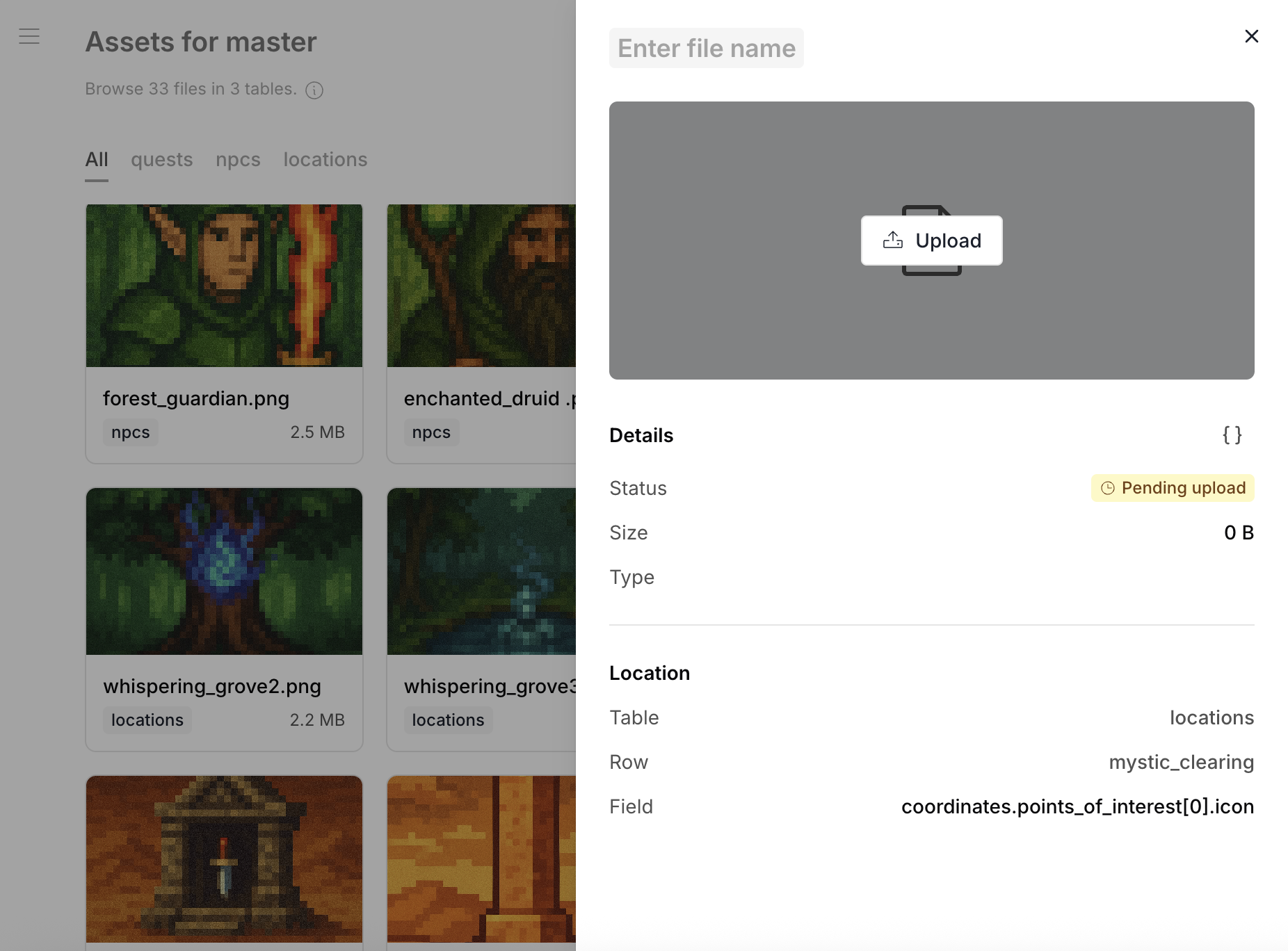 Assets drawer — file details with upload button, status, size, location (table, row, field path)