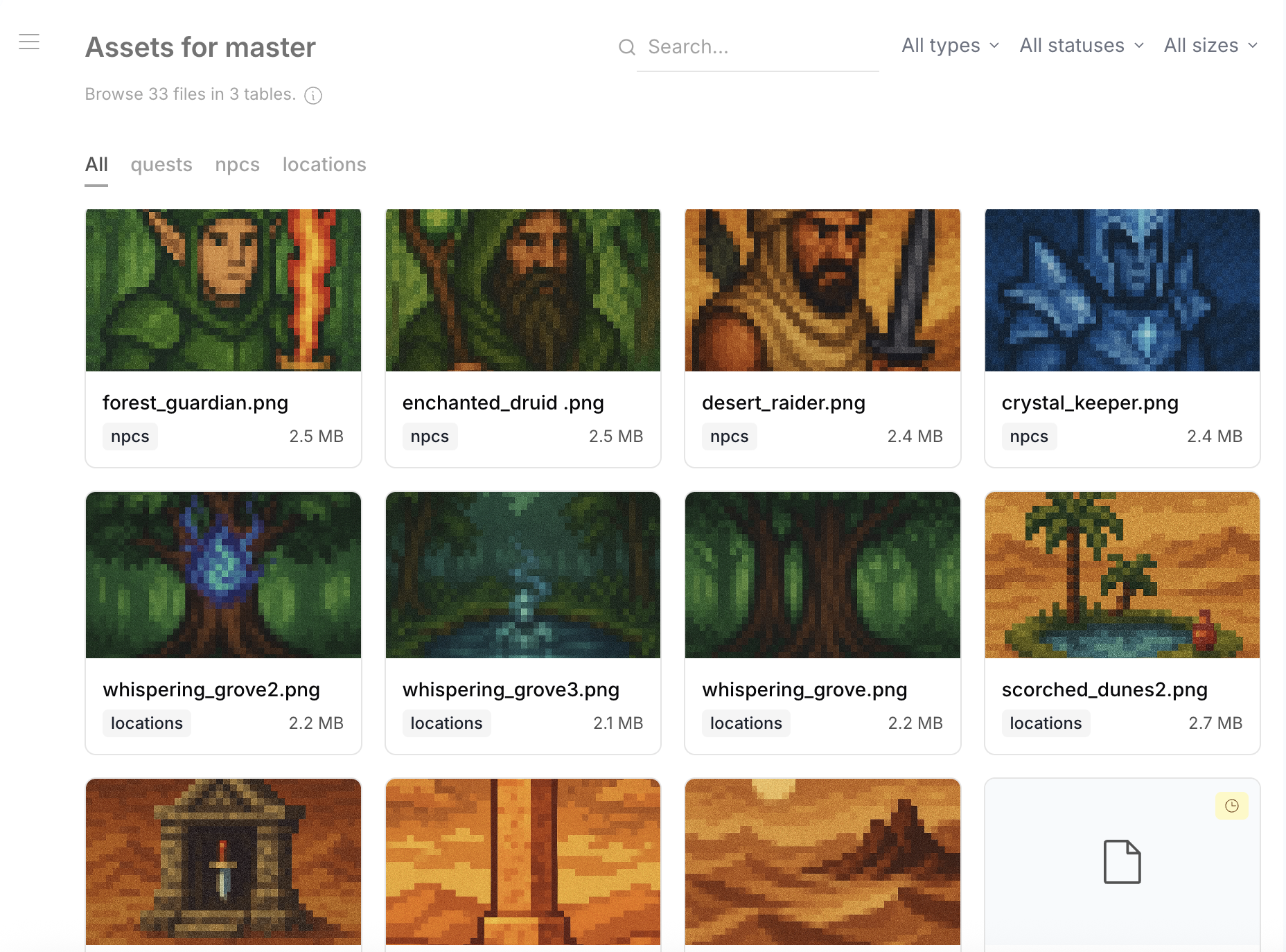 Assets gallery — 33 files across 3 tables with thumbnails, search, type/status/size filters, and table tabs