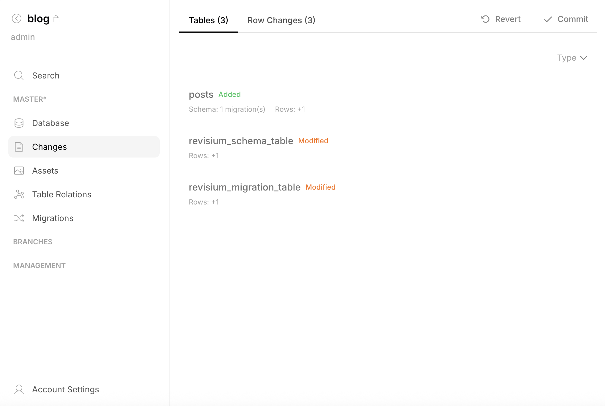Changes — Tables tab showing posts Added, system tables Modified