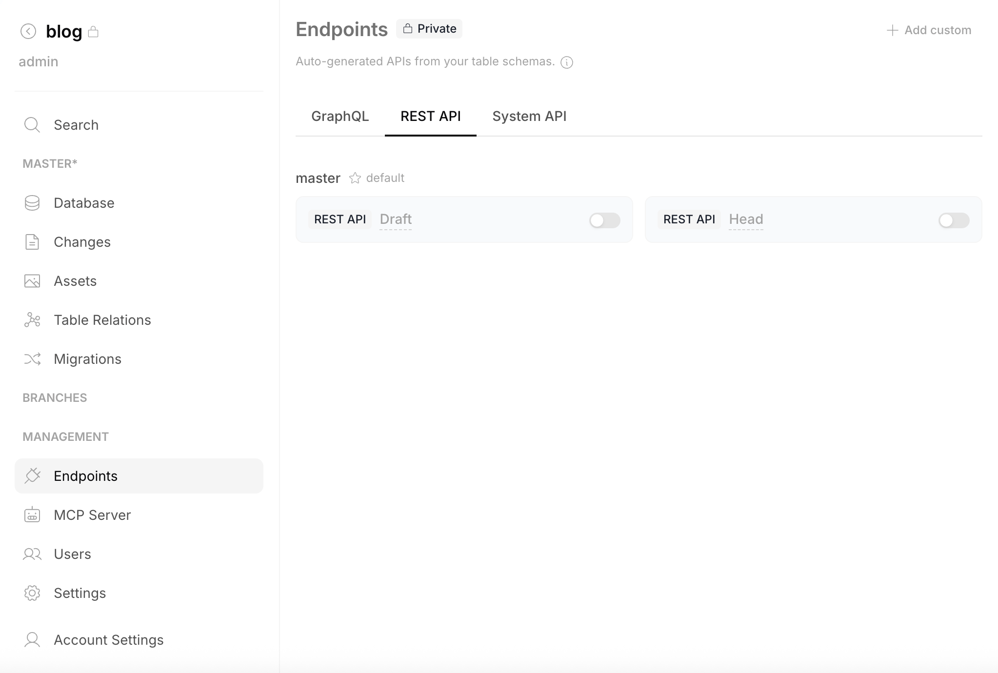 Endpoints page — REST API tab with Draft and Head toggles off