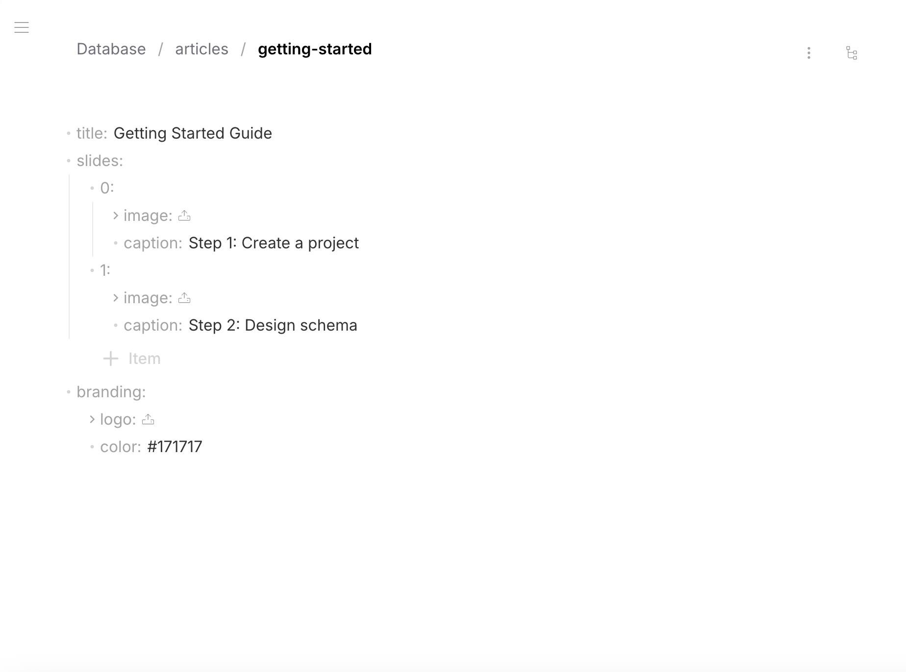Row Editor — articles with file upload icons on slides images and branding logo