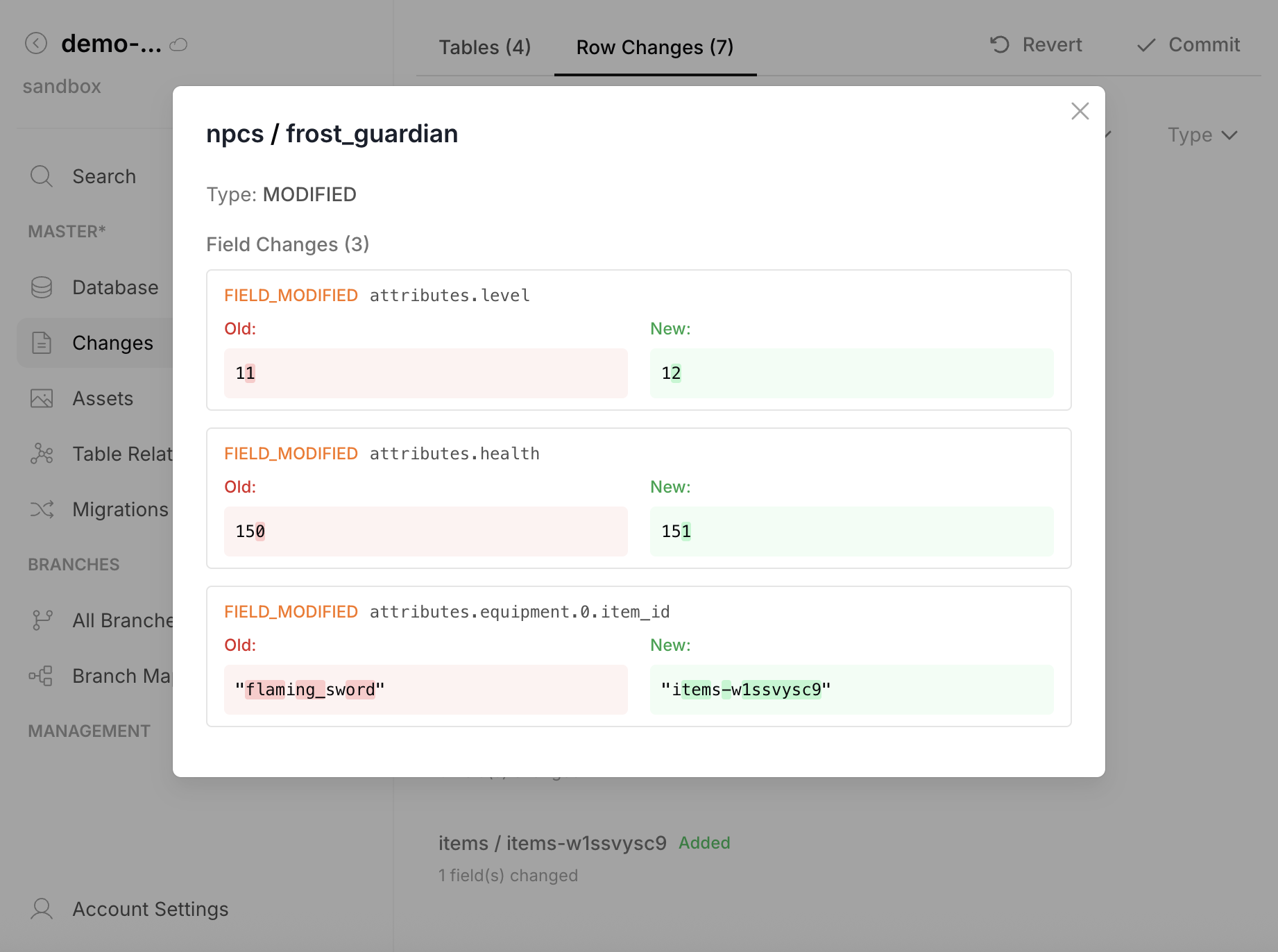 Row diff — field-level changes with old and new values