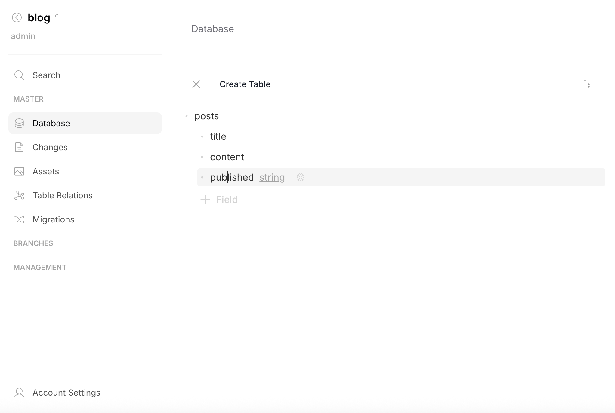 Schema Editor — creating posts table with title, content, and published fields