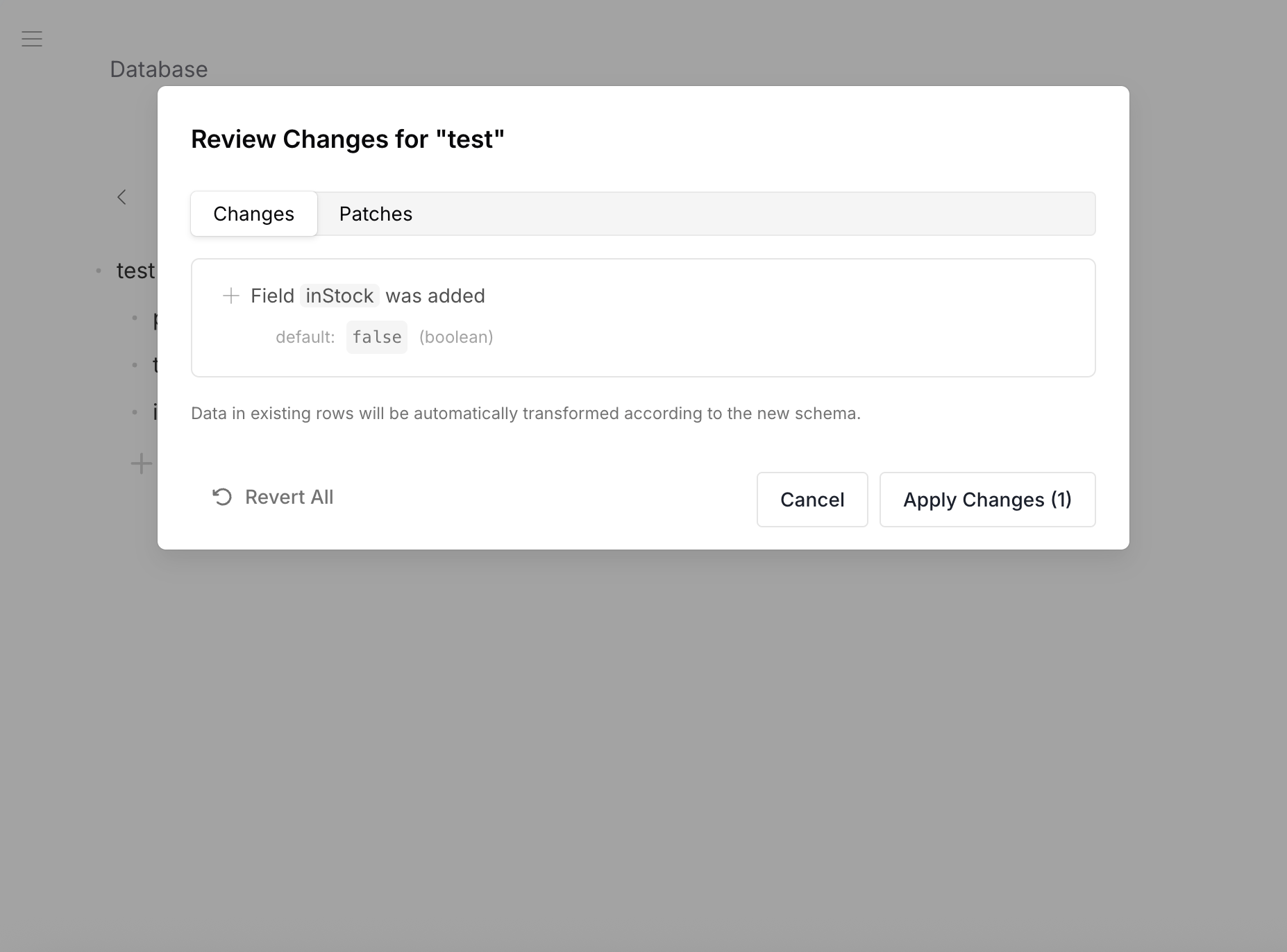 Review Changes — field inStock added with default false (boolean)