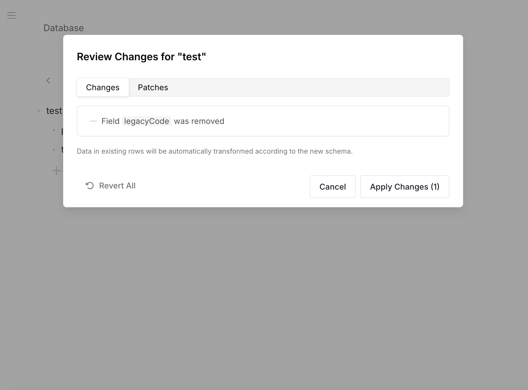 Review Changes — field legacyCode was removed