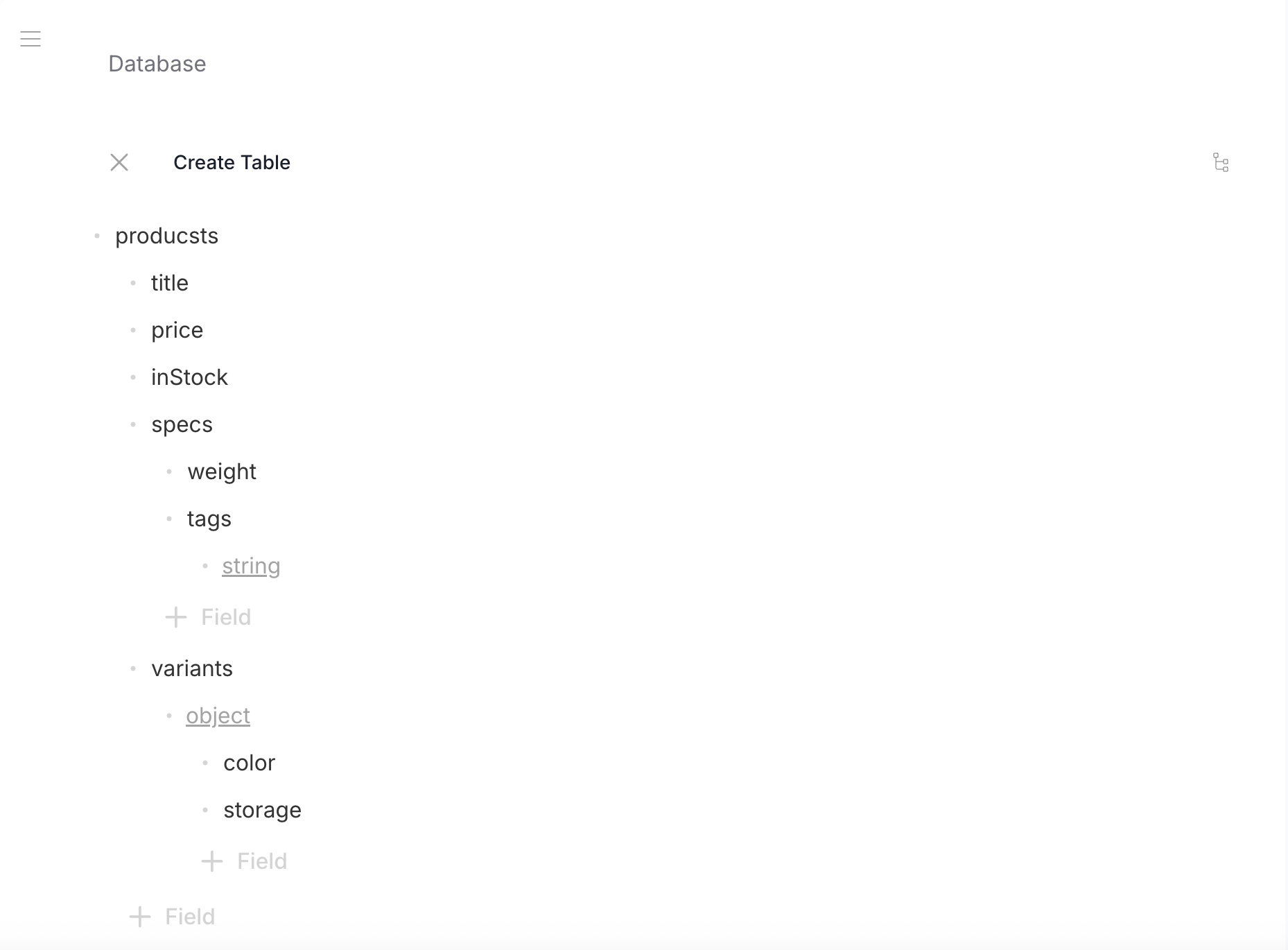 Schema Editor — products table with nested specs and variants
