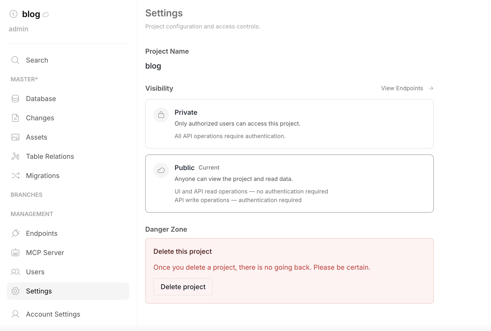 Settings — switching project visibility to Public for unauthenticated read access