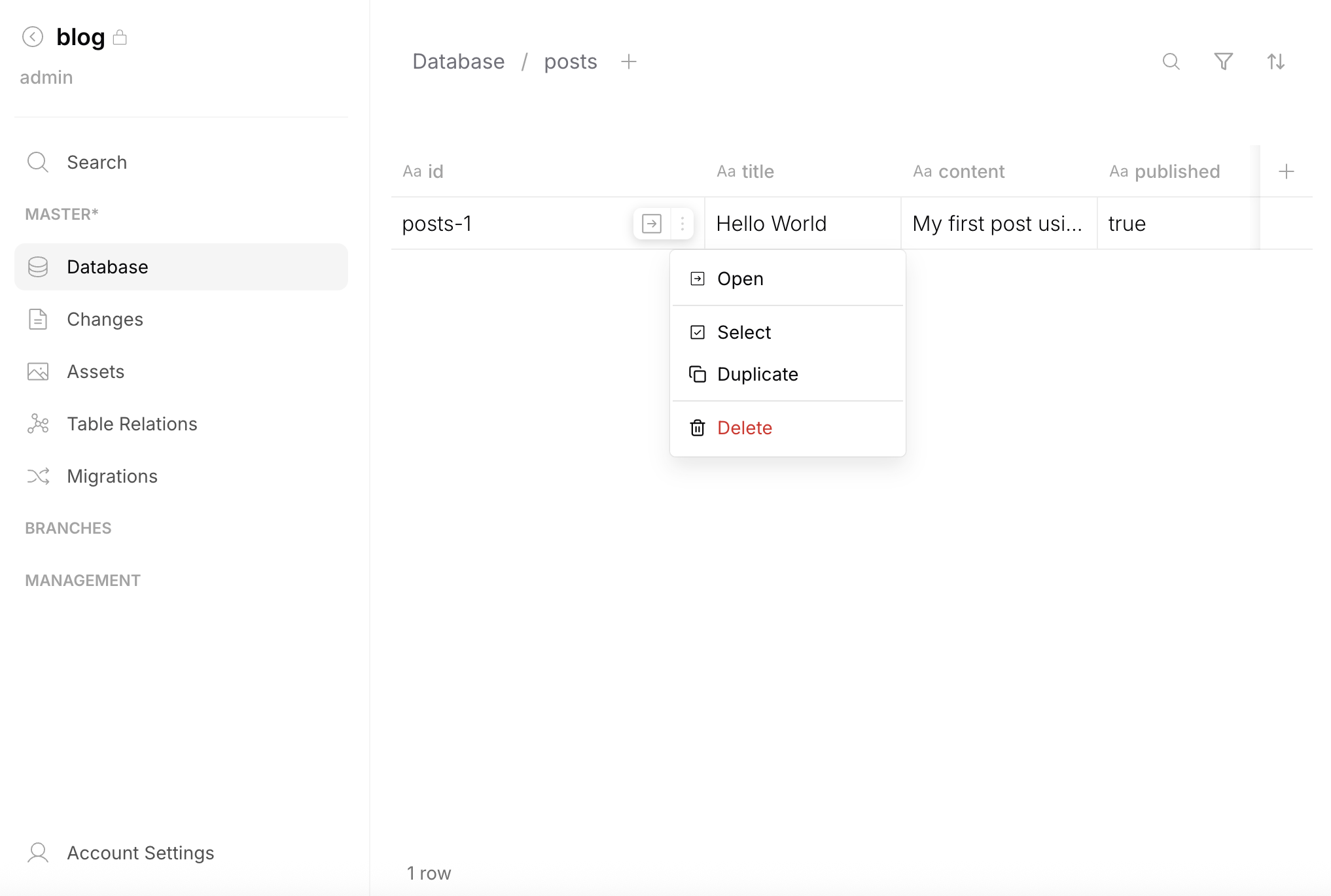 Row context menu — Open, Select, Duplicate, Delete