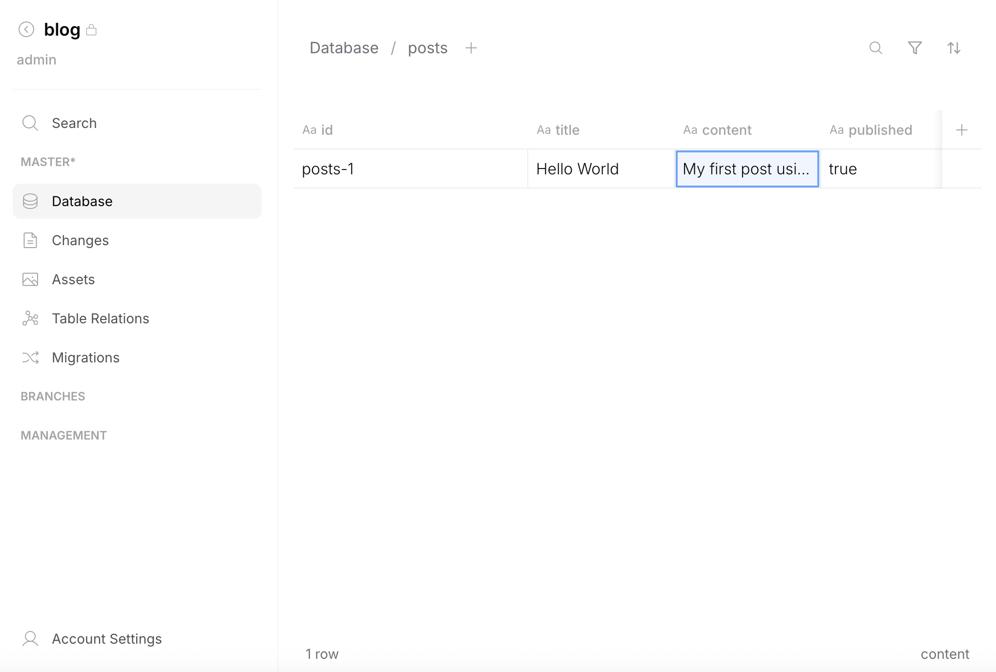 Table with a row — content cell selected for inline editing